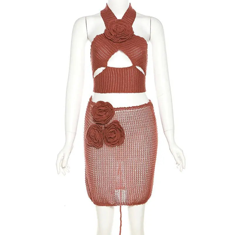 MQTIME  -  3D Flowers Knitted 2 Piece Dress Sets Women Summer Outfits Hollow Out Halter Lace Up Backless Vest Crop Top Mini Skirts Suit