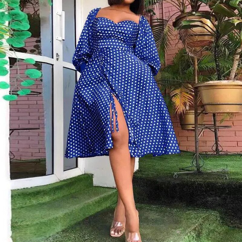 nvxiot Sexy Polka Dot Dress Fashion Split Slim Fit Lantern Sleeve Midi Robes Femmes Knee Length Chest Wrapping Autumn Casual Going Out