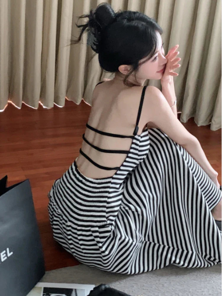 MQTIME  -  Striped Backless Midi Dress for Women A-line High Waist Sling Strapless Long Dress Summer Fashion Sexy Vacation Robe