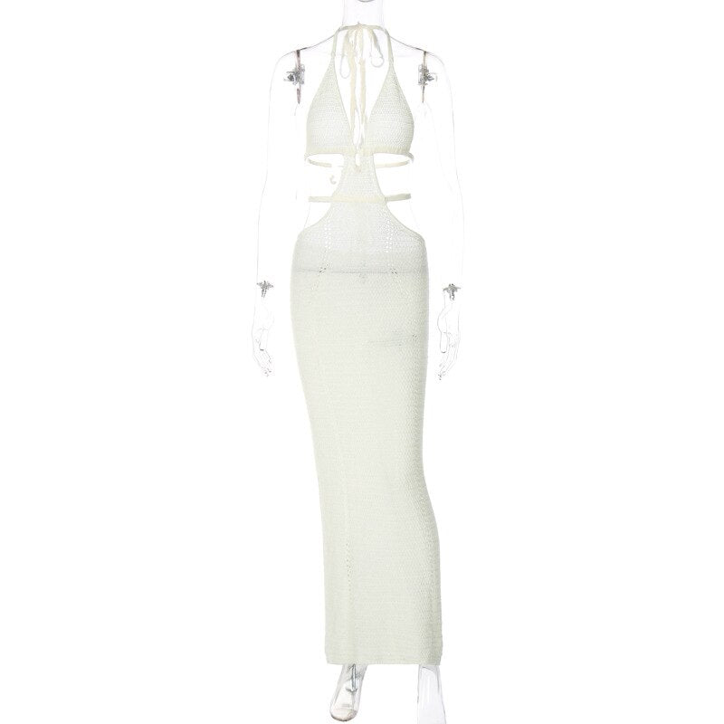 nvxiot 2023 Summer Beach Dress For Women Elegant Sleeveless Backless Halter Lace Up Sexy Boho Dresses White Knitted Long Dress