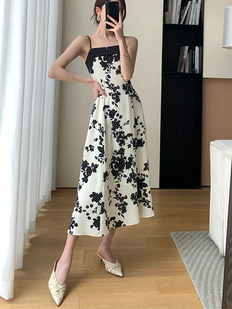 nvxiot-New Summer 2023 Long Print Dress for Women Korean Elegant Fashion Sexy Sleeveless Spaghetti Strap Evening Female Clothes