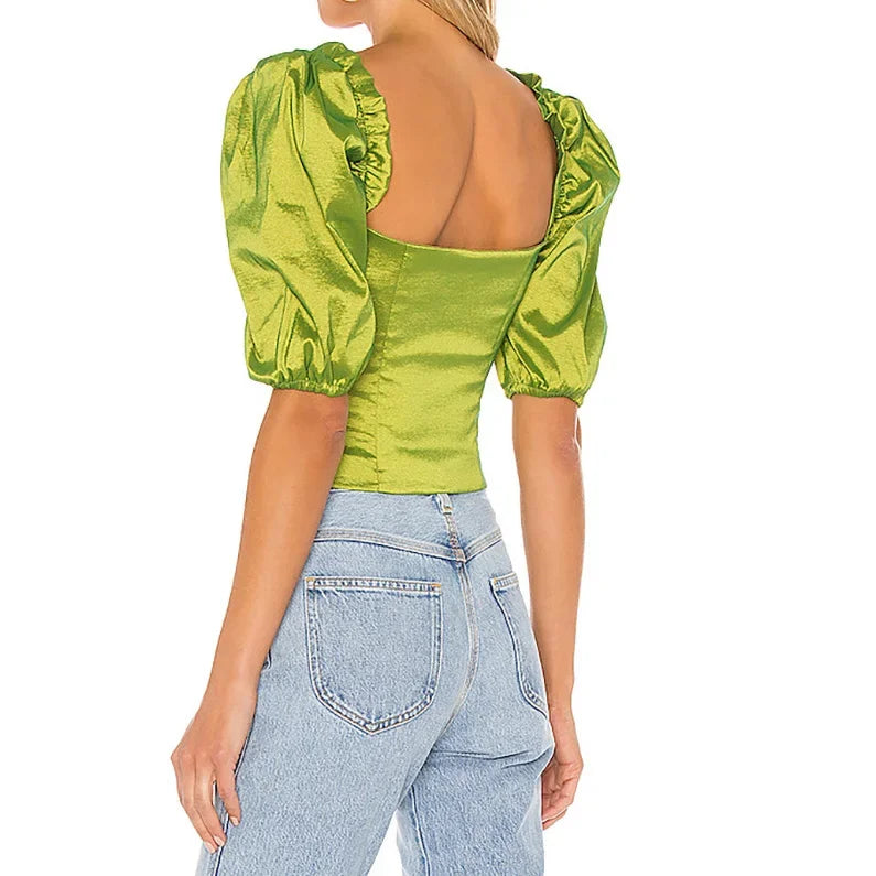 nvxiot  -  Vintage Green Puff Sleeve Sexy Shirts Women 2024 Summer Party Club Wear Cropped Streetwear Fashion 2000s Short Blouse Aesthetic