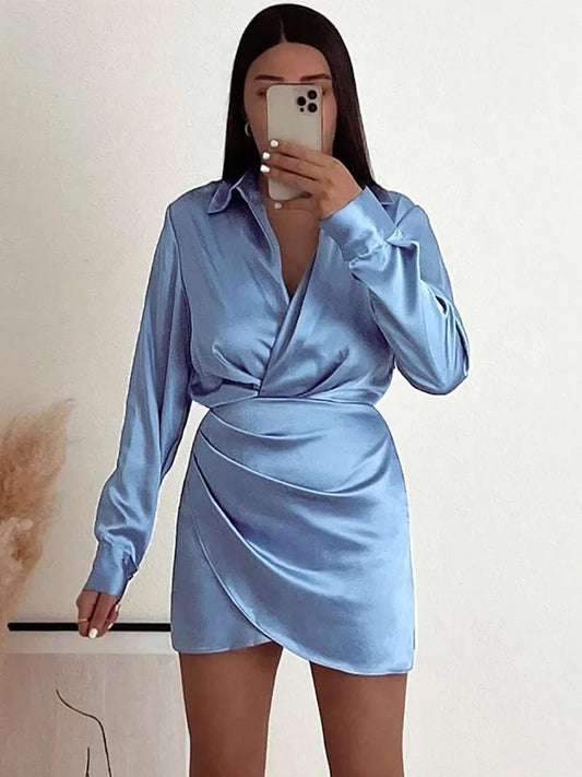 nvxiot New In Dresses For Women Collared V Neck Long Sleeve Office Lady Elegant Shirt Dress Front Gathered Party Mini Satin Dress