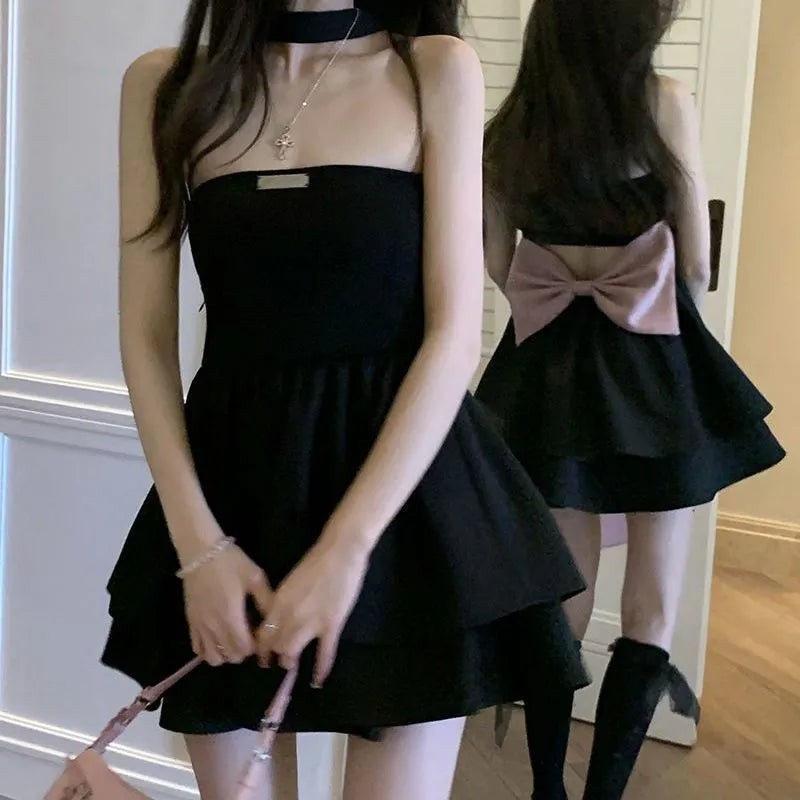 nvxiot-Summer Black Strap Kawaii Dress Women Casual Bow Sweet Party Mini Dress Female Casual Korean Fashion Elegant Cute Dress 2024