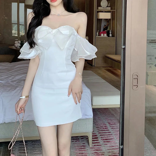 nvxiot Summer New One-word Collar Women's Dress Sexy Off Shoulder Puffy Yarn Party Dresses Bow Tube Top White Fashion Mini Dress