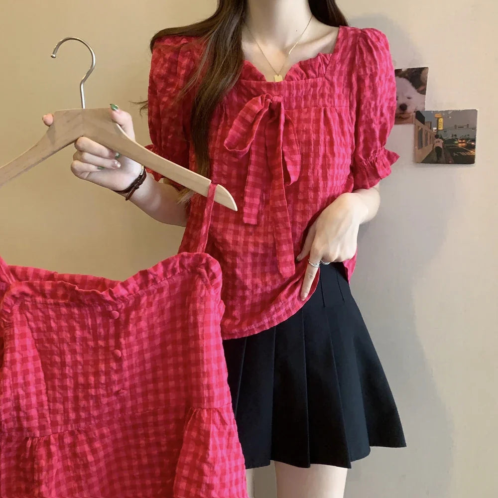 nvxiot  -   Mushroom edge versatile rose red cute chubby sister camisole tank top large women's shirt M-4XL 100kg Y2K