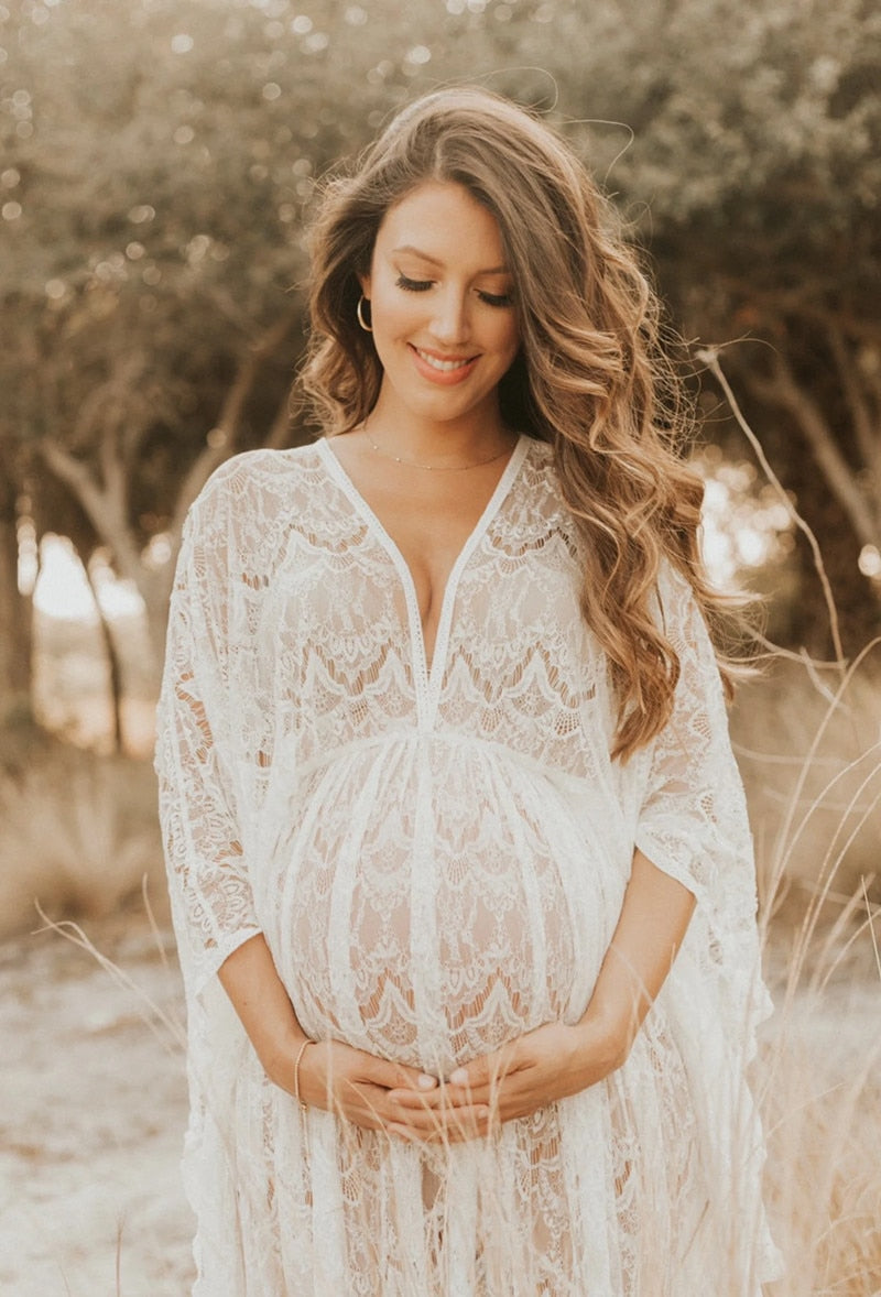 nvxiot See Through Lace Maternity Photo Shoot Long Dresses Boho Pregnancy Lace Dresses