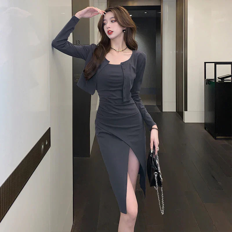 nvxiot-2023 New Autumn Fashion Solid Midi Dresses for Women Long Sleeved Square Neck Elegant Office Lady Korean Dress Female Clothing