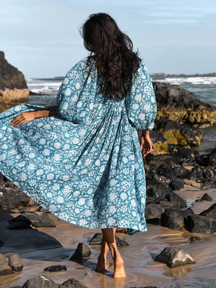 nvxiot Lantern Half Sleeve Cyan Bohemian Beach Midi Loose Dress Summer for Women Tie Up Casual Floral Holiday Midi Vestidos