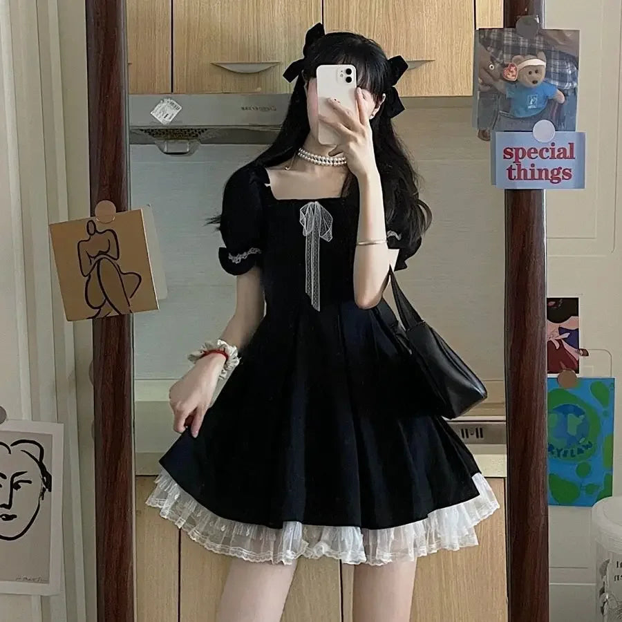 MQTIME  -  Korean Casual Kawaii Mini Dress Women Lace Black Cute Elegant Party Dresses Summer 2024 Puff Sleeve Ruffle France Vintage Gothic