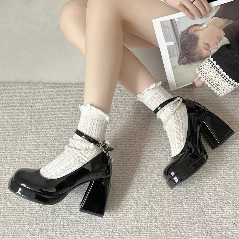 nvxiot Y2K Chunky Platform High Heels Pumps Women 2024 Summer Patent Leather Black White Lolita Shoes Woman Pearl Ankle Straps Pumps