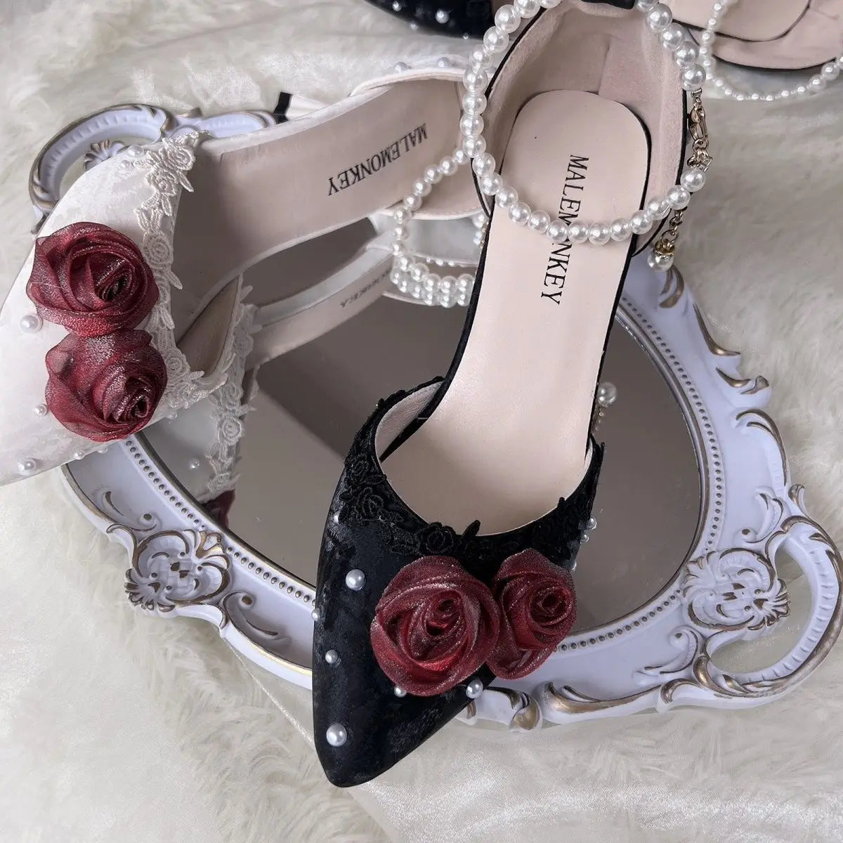 MQTIME  -  Red Flower Black Heels Luxury Lolita Style Shoes Pearl Shoes Elegant Women Party Shoes High Heel Sandals Pointed Toe Shoes