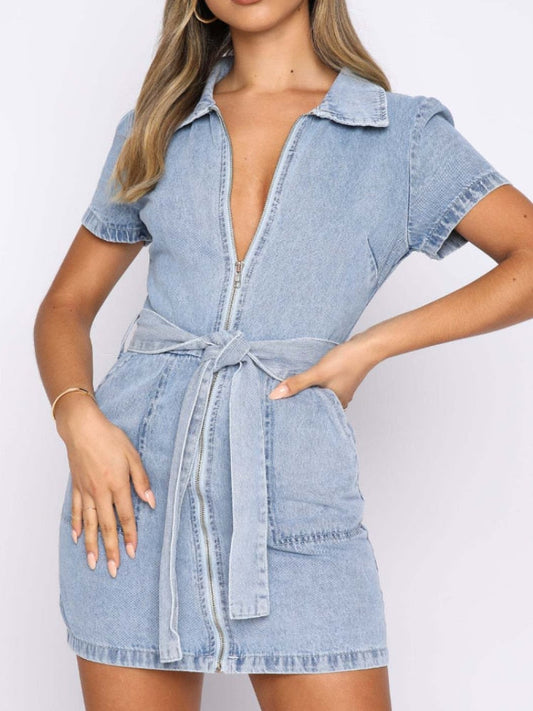 nvxiot Summer Dress Women  New Denim Elegant Vintage Fashion Korean Casual Blue Jeans Clothes Streetwear Sexy Zipper Belt Xl Mini