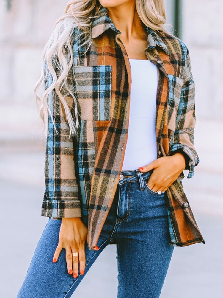 nvxiot Plaid Casual Chic Shirt Blouses Thick Warm Autumn Spring Long Sleeve Women Pockets Khaki Ladies Shirt Tops Blusas NEW