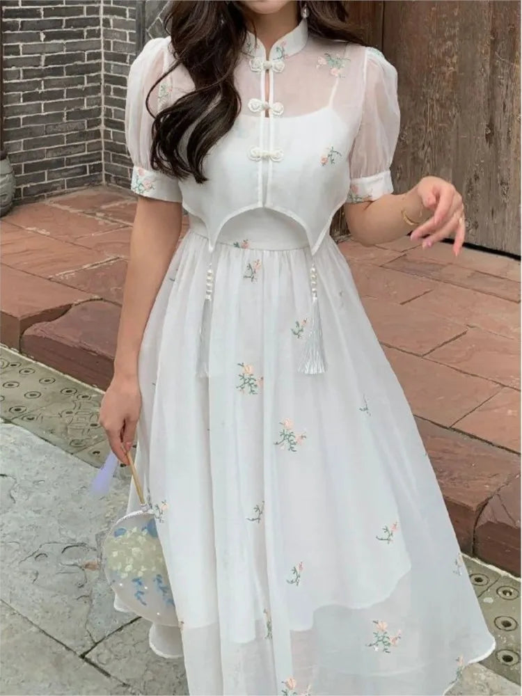 nvxiot-Dress Sets Summer Women Chinese Style Floral Hight Waist Mesh Midi Dresses Elegant Casual Gentle Wind Female Dress Vestidos