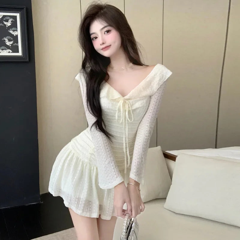 nvxiot  -   Autumn New Off Shoulder Beige Dress Ruched High Waist Slim Mini Dress Flare Sleeve Sexy Halter Lace Long Sleeve Dress