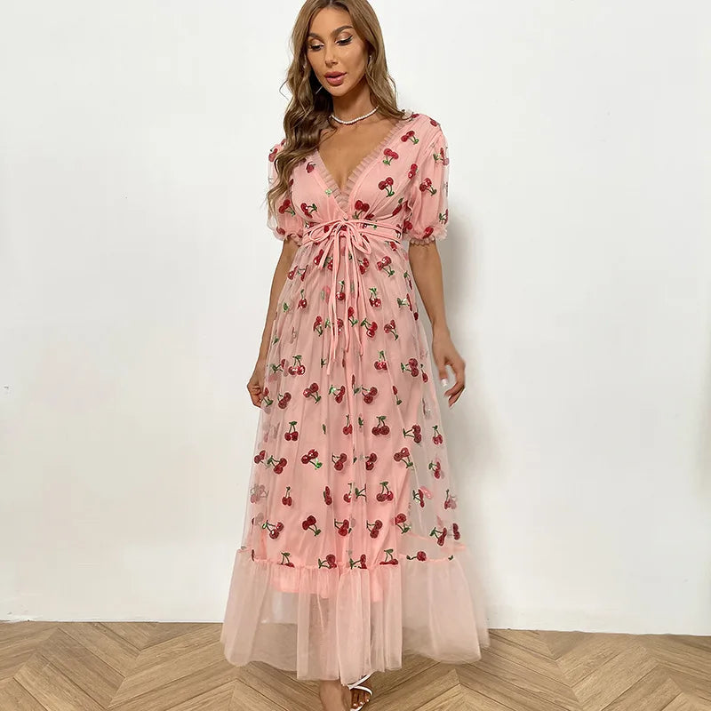 nvxiot- Strawberry Fairy Dress Women Deep V Puff Sleeve Sweet Voile Mesh Sequins Embroidery French Evening Party Dresses