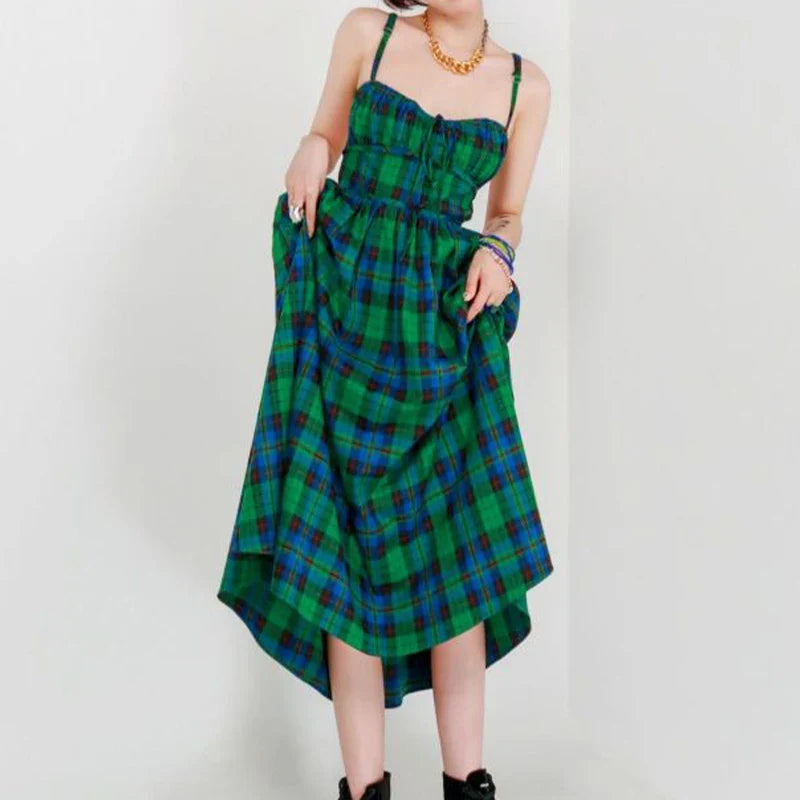 nvxiot  - Vintage Green Plaid Dresses Women Midi Sexy Backless Beach French Victorian Dress Retro Elegant Lace-up Long Strap Dress