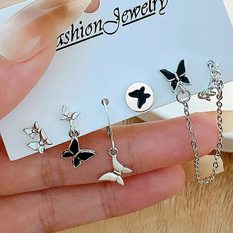 nvxiot Y2K 6Pcs/set Silver Color Rhinestone Butterfly Stud Earrings for Women Fashion Punk Heart Earring Sets Trendy Jewelry Gifts