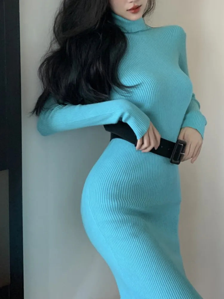 nvxiot autumn winter women solid elegant slim knitted dress korean long sleeve sweater dress office lady midi dress