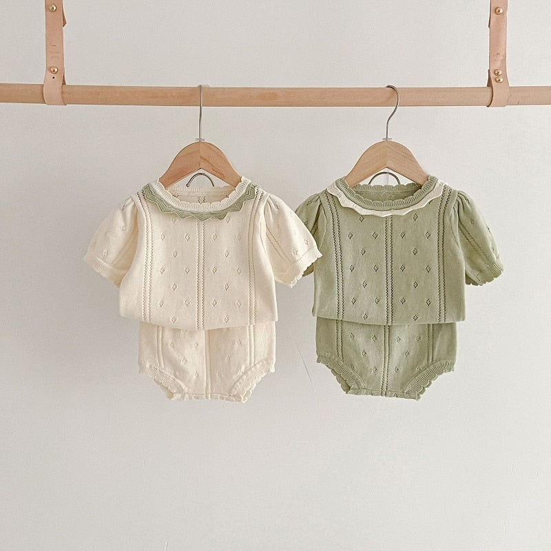 nvxiot Fashion Baby Knitted Clothes Set Lace Collar Hollow Out Knitted Short Sleeve Top + Shorts Designers Summer Kids Clothes Outfits