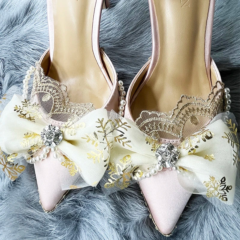 nvxiot Original Bride Vintage Lolita Flower Wedding High Heels Tea Party Flower Pointed Bow Tie Women's Shoes Wedding Shoes