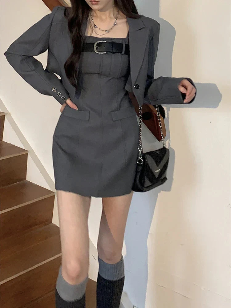 nvxiot-Korean Style Two Piece Dress Set Women Elegant Blazer Coat + Strap Dress Set Female Casual France Vintage Dress Suit Spring 2023