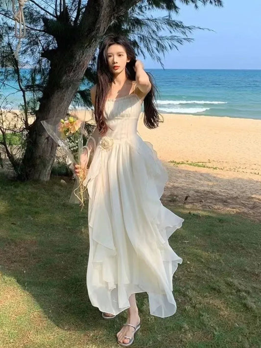 nvxiot Elegant Irregular Ruffles Long Dress Women Summer Beige Solid Spaghetti Strap Beach Vocation Korean Chic Female Vestidos New