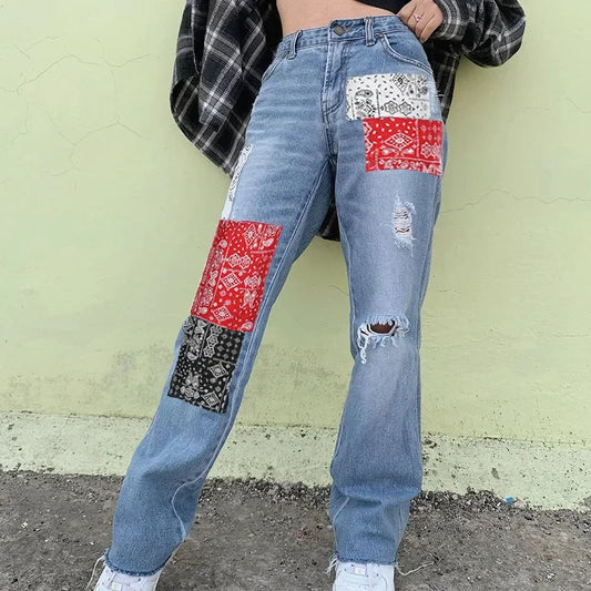 MQTIME  -  New Fashion Streetwear Bandana Patchwork Denim Pants Hole Ripped Jeans Women Fashion High Waist Jeans Straight Trousers