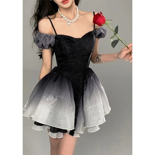 nvxiot   -  Summer Women Elegant Black Gradient A-line Tutu Party Dress Off Shoulder Patchwork Birthday Party Dress Backless Prom Dress