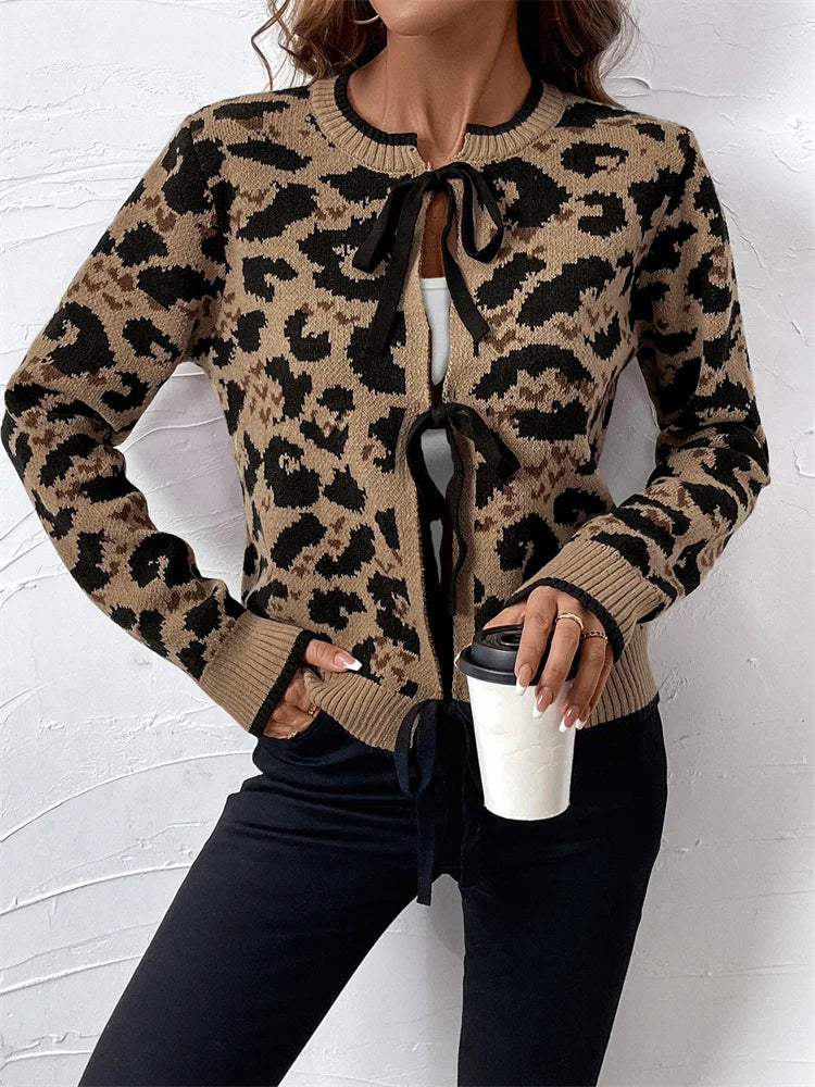 nvxiot  -  Knit Printed Bandage Cardigan Sweater Female Hollow Out Patchwork Slim Leopard Tee Bow Lace-Up Top Knitwear Cardigan Top