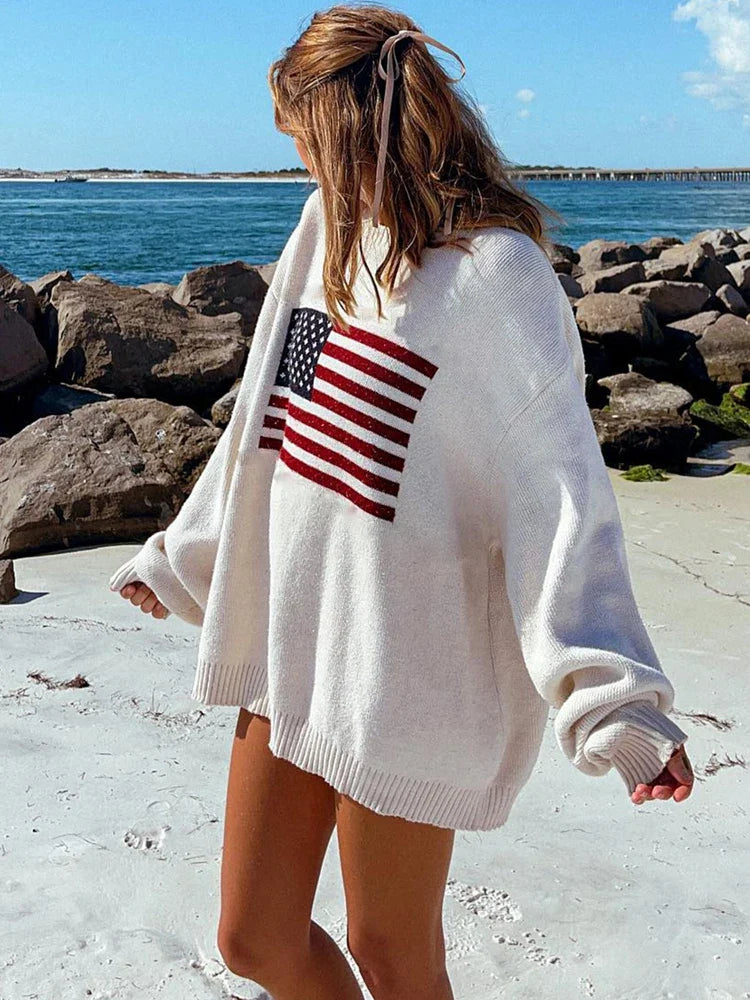 MQTIME  -  Y2K Women Winter Vintage Ladies Luxury American Flag Knit Sweater Aesthetics Long Sleeve Sweaters Oversize Pullover Tops Clothes