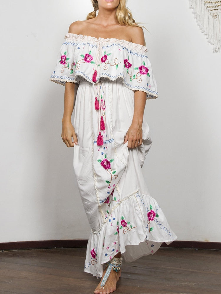 nvxiot  White Boho Floral Embroidered Maxi Dress Off The Shoulder Summer Chic Women Dress Cotton Ladies Holiday Dress Vestidos