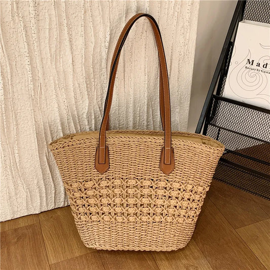 MQTIME  -   Summer Beach Large Capacity Handbags For Women Retro Beige Khaki Straw Weave Tote Bags Fashion Casual Shopping Shoulder Bag 2024