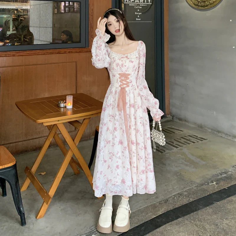 nvxiot  -  2024 Large Spring French Vintage Sweet Fragmented Flowers High Waist Slimming Chiffon Embroidered Dress Long sleeved Long Skirt