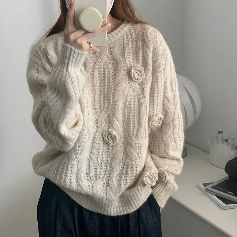 nvxiot  Autumn and Winter Knitwear for Women 3D Embroidery Rose Hook Flower Tops Long Sleeve Women Cashmere Warm Sweater