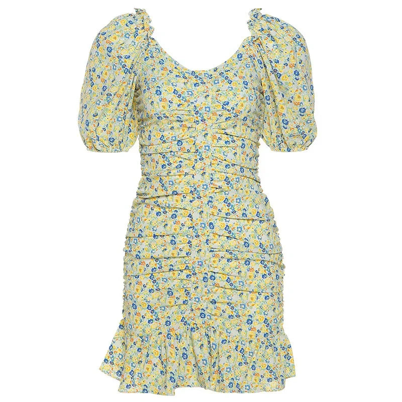 MQTIME  -  Cottagecore One-shoulder Mini Dress Ruffled Floral Summer Mini Dress for Women Short Sleeve Elegant Temperament Commuter Dress