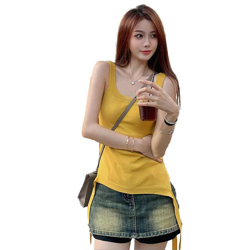 nvxiot  -  Spicy Girl Dopamine Wears Beach Sling, Knitted Sleeveless Vest, Women's Summer, Ginger, Yellow, Irregular Top, New, 2024