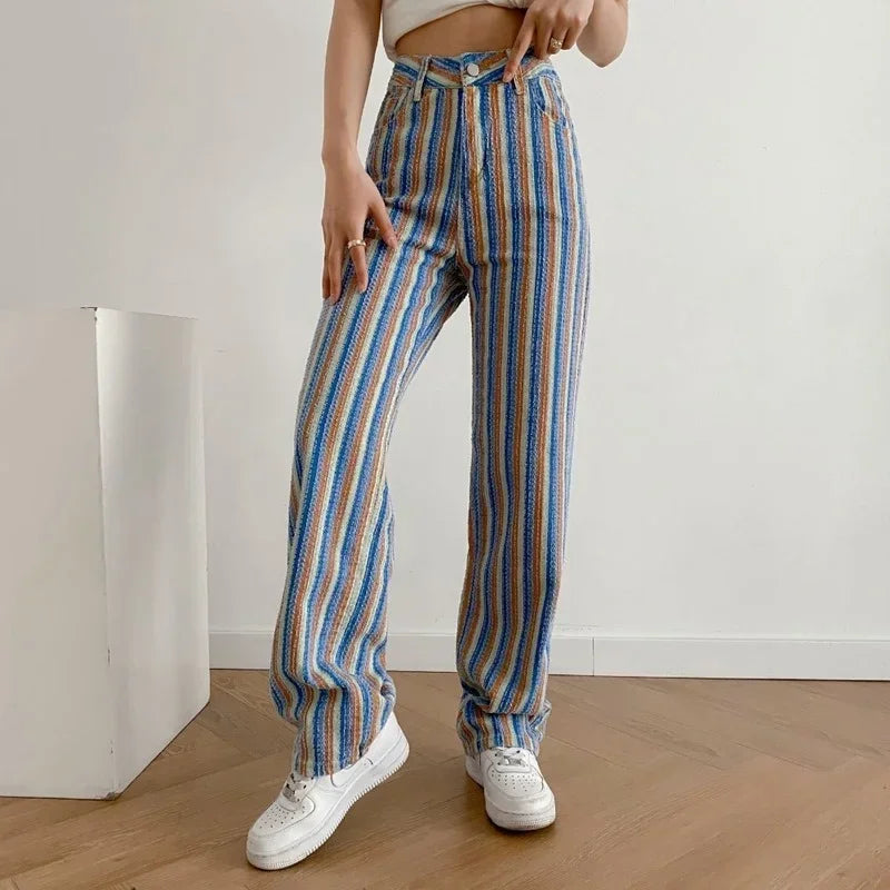 MQTIME  -  Summer Fashion Women's Pants Women's Clothing e girl aesthetic Color Striped Straight High Waist Casual Pants Streetwear Women