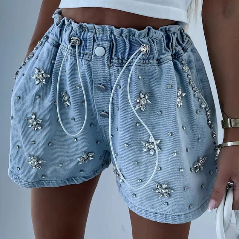 nvxiot Streetwear Glass Drill Denim Shorts Women Casual Waist Elastic Drawstring Loose Summer Pants Jeans Chic Short Femme