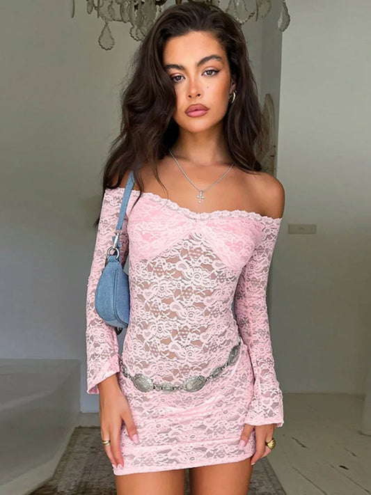 nvxiot New Fashion Slash Neck Long Sleeve Short Lace Dress Streetwear Sexy Summer Off Shoulder See-through Bodycon Pink Evening Dresses