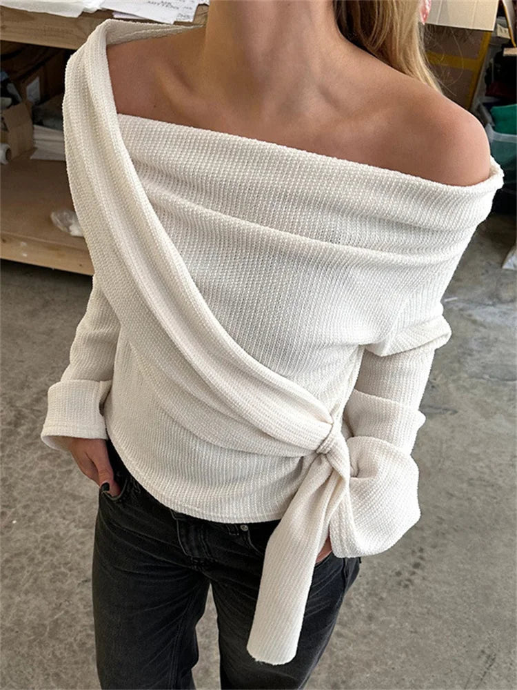 MQTIME  -  Casual Bandage Patchwork T-shirt Pullover Female Solid Lace-Up Off-Shoulder Slim Pleated White Tee Women Knit Sweater Top