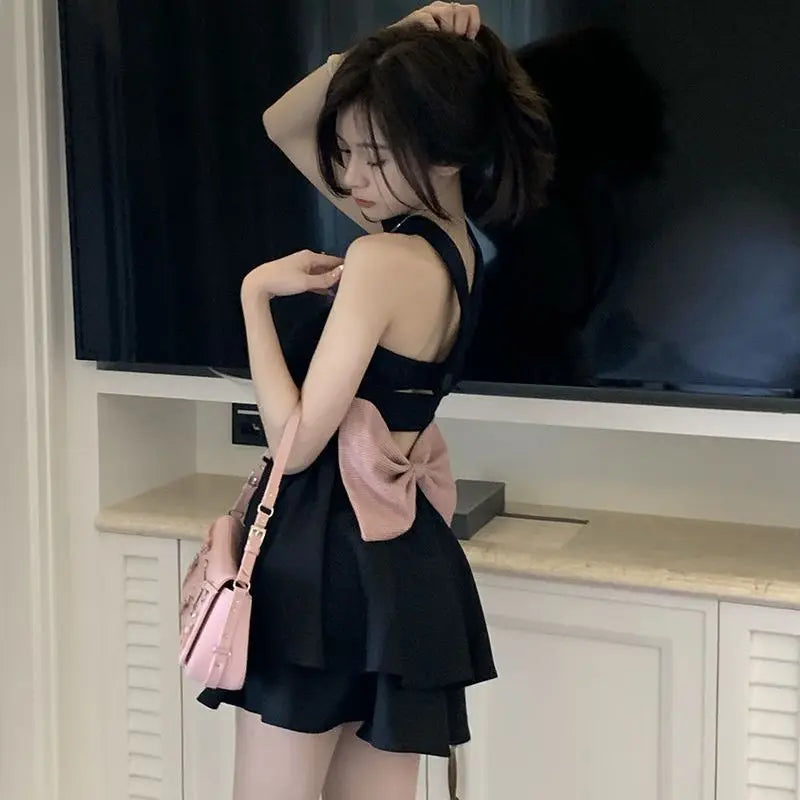 nvxiot-Summer Black Strap Kawaii Dress Women Casual Bow Sweet Party Mini Dress Female Casual Korean Fashion Elegant Cute Dress 2024