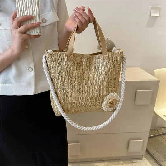 nvxiot Small clear fashion flower woven shoulder bag  retro minimalist square bag woven vegetable basket bag