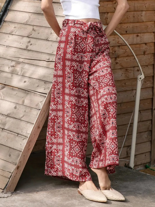 nvxiot  -  Bohemian Red Printed Beach Pants, Women'S Retro Ethnic Style High Waisted Slim Fit Vacation Wide Leg Long Pants