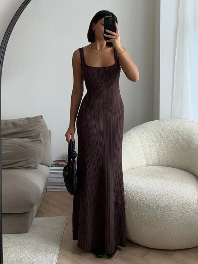 nvxiot Summer Knit Bodycon Maxi Dress for Women Elegant Sexy Deep U Neck Sleeveless Holiday Beach Party Dress 2024 Club Outfits