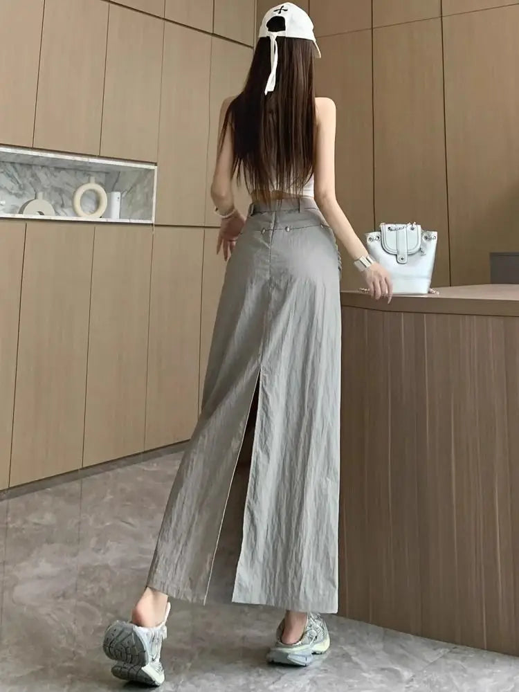 MQTIME  -  American Grey Casual Cargo Skirt Summer High Street Spicy Girl Pleated High Waist Back Split Wrap Hip Slim Long Skirt for Women