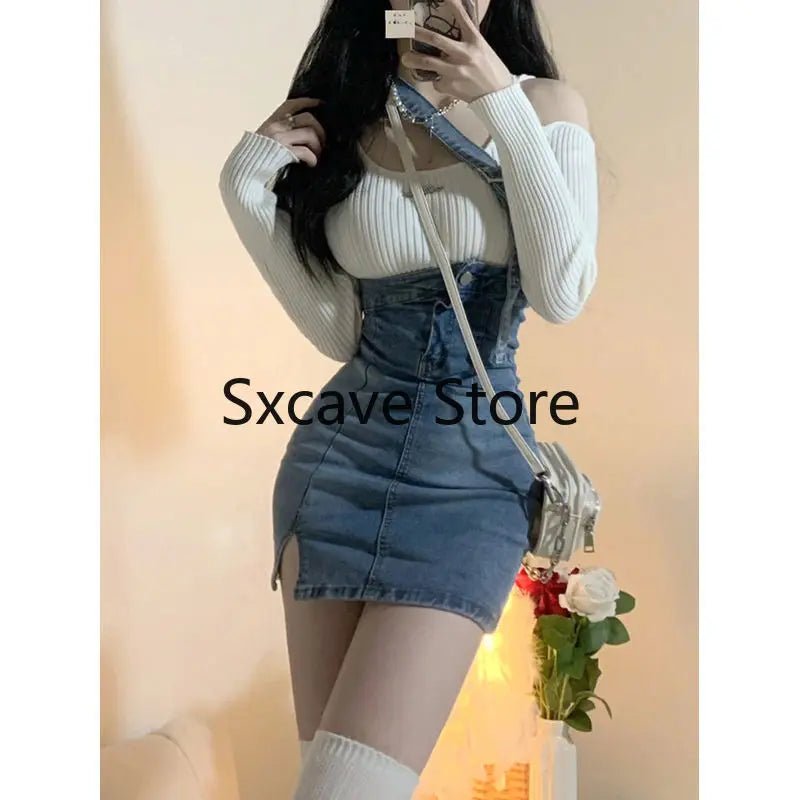 nvxiot 2024 Autumn Casual Knitted Suits Women Y2k Sweater + Fashion Jean Dress 2 Piece Dress Set Korean Fashion Clothing Chic