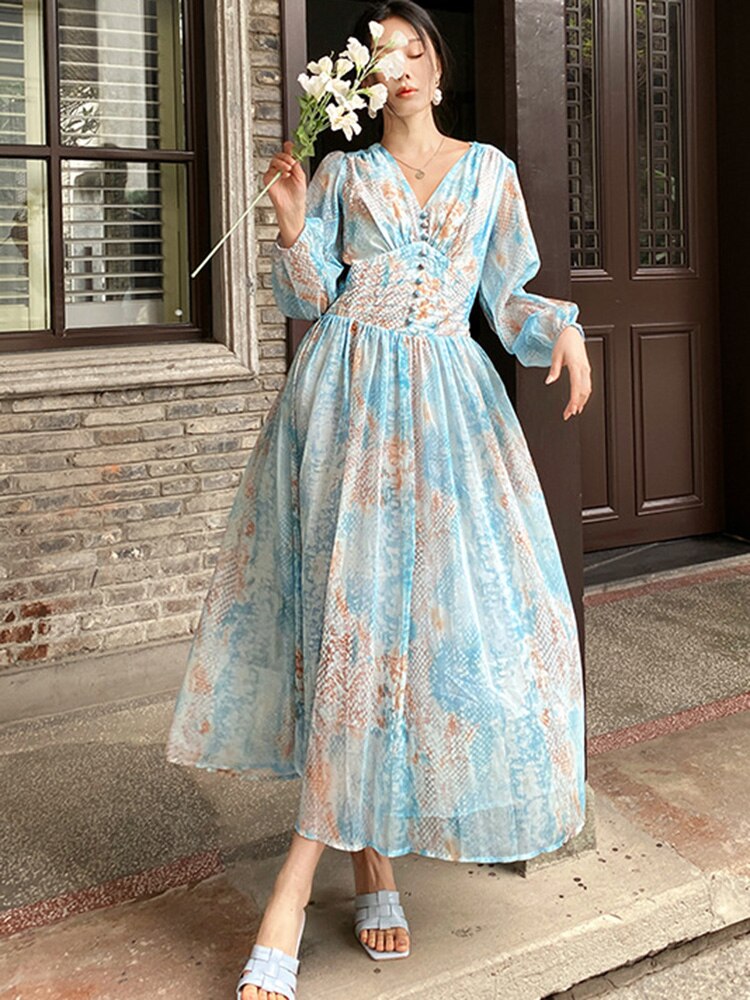 nvxiot French Elegant Floral Maxi Dress Chiffon V-neck Blue Long Lantern Sleeve Women Boho Casual Holiday Ladies Dresses New