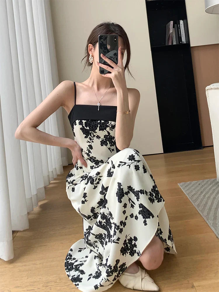 nvxiot-New Summer 2023 Long Print Dress for Women Korean Elegant Fashion Sexy Sleeveless Spaghetti Strap Evening Female Clothes